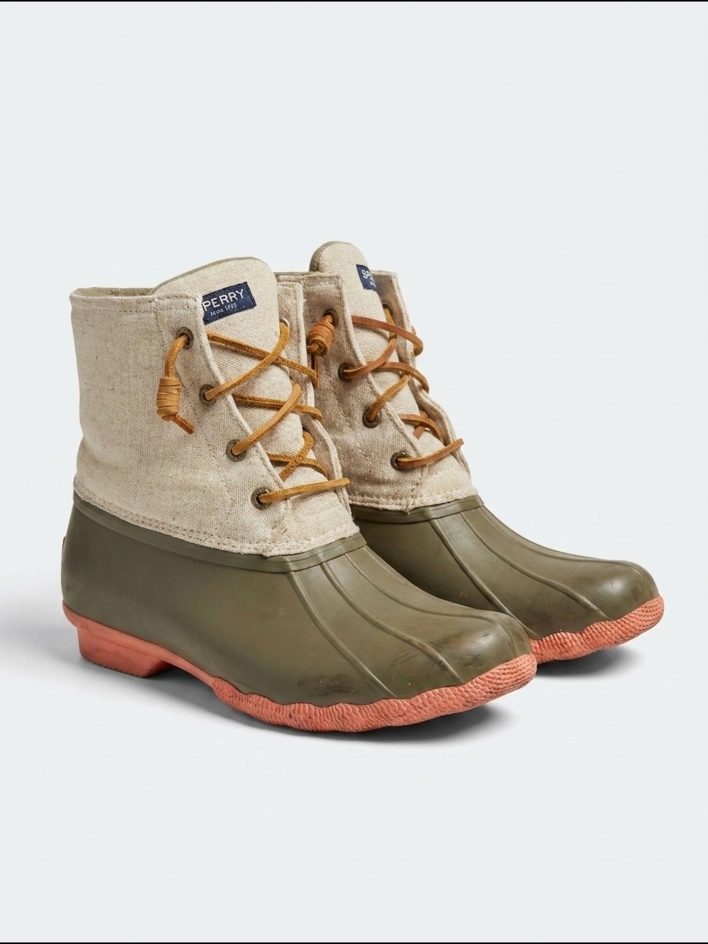 Sperry‎ Saltwater Duck Boots Women's Size 9.5 Olive Green Linen Rain Boots